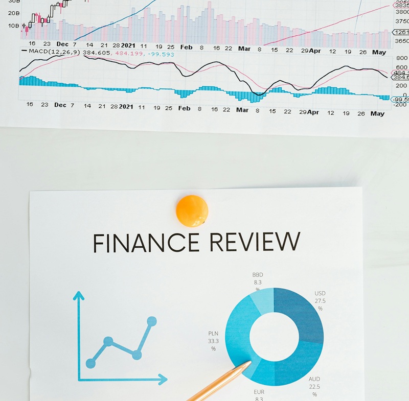 Finance review materials with charts and analytics visuals